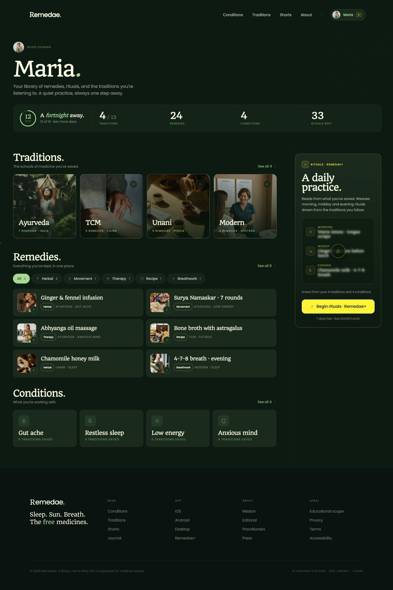 Remedae personal hub showing saved traditions, remedies and conditions